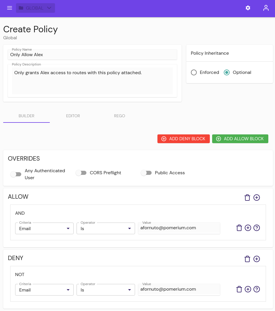 A policy being constructed in Pomerium Enterprise allowing a single user access